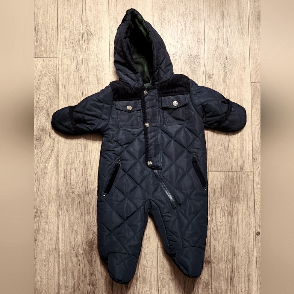 Rothschild Quilted Snowsuit Plaid Lining Corduroy Trim Navy Blue Black Size 3-6M